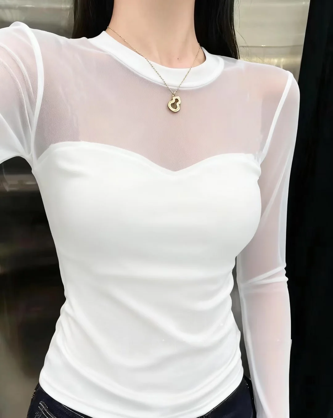 Korean Sle Long Sve Me Splice Slim Fit T-irt Women's Base Layer Top Breathable Cotton Comfortable Autumn New Arrival