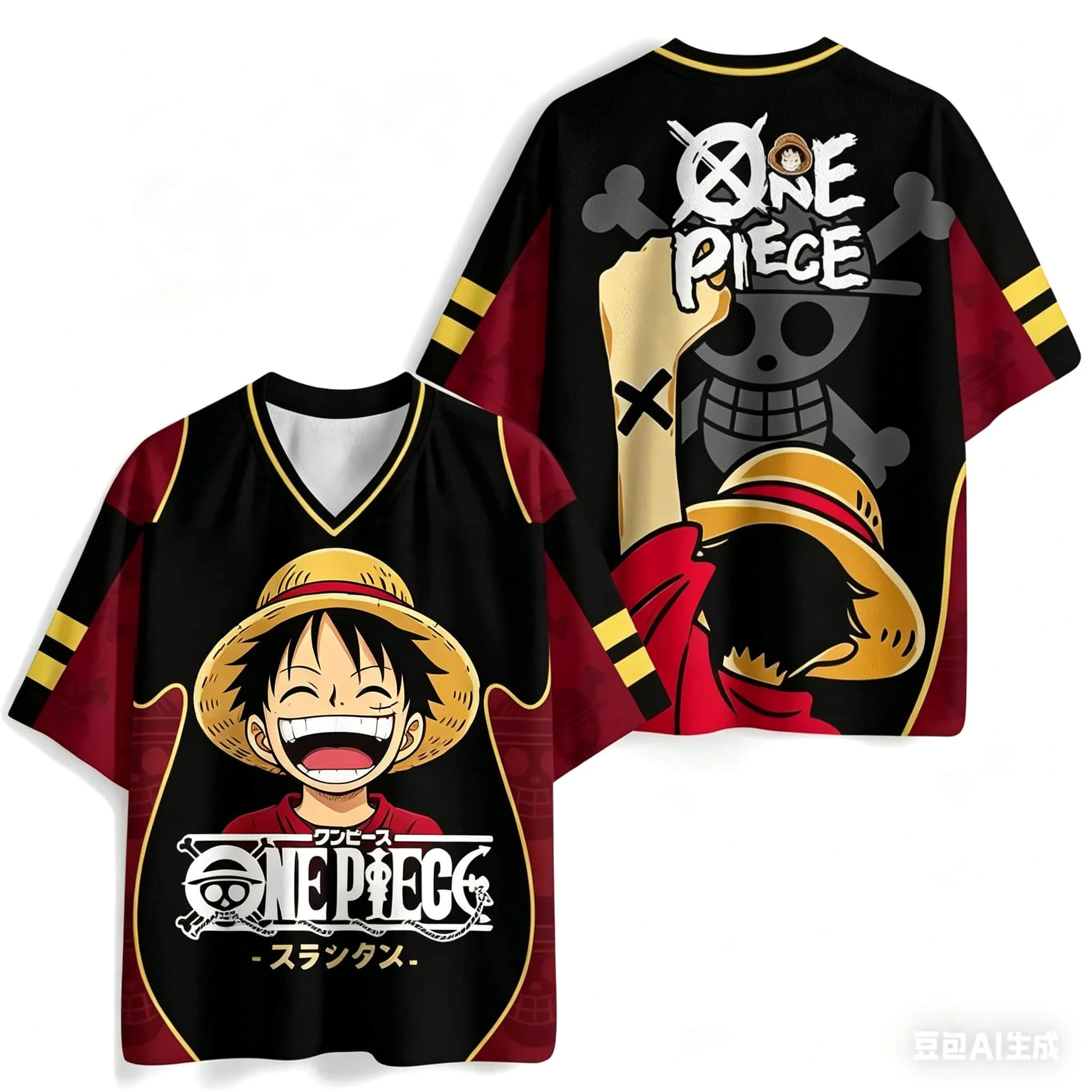 One Piece Monkey D. Luffy Baseball-Trikot mit V-Ausschnitt, Anime-Fan-Kurzarm-Oberteil, schnell trocknendes, atmungsaktives T-Shirt für Männer, Frauen, Kinder