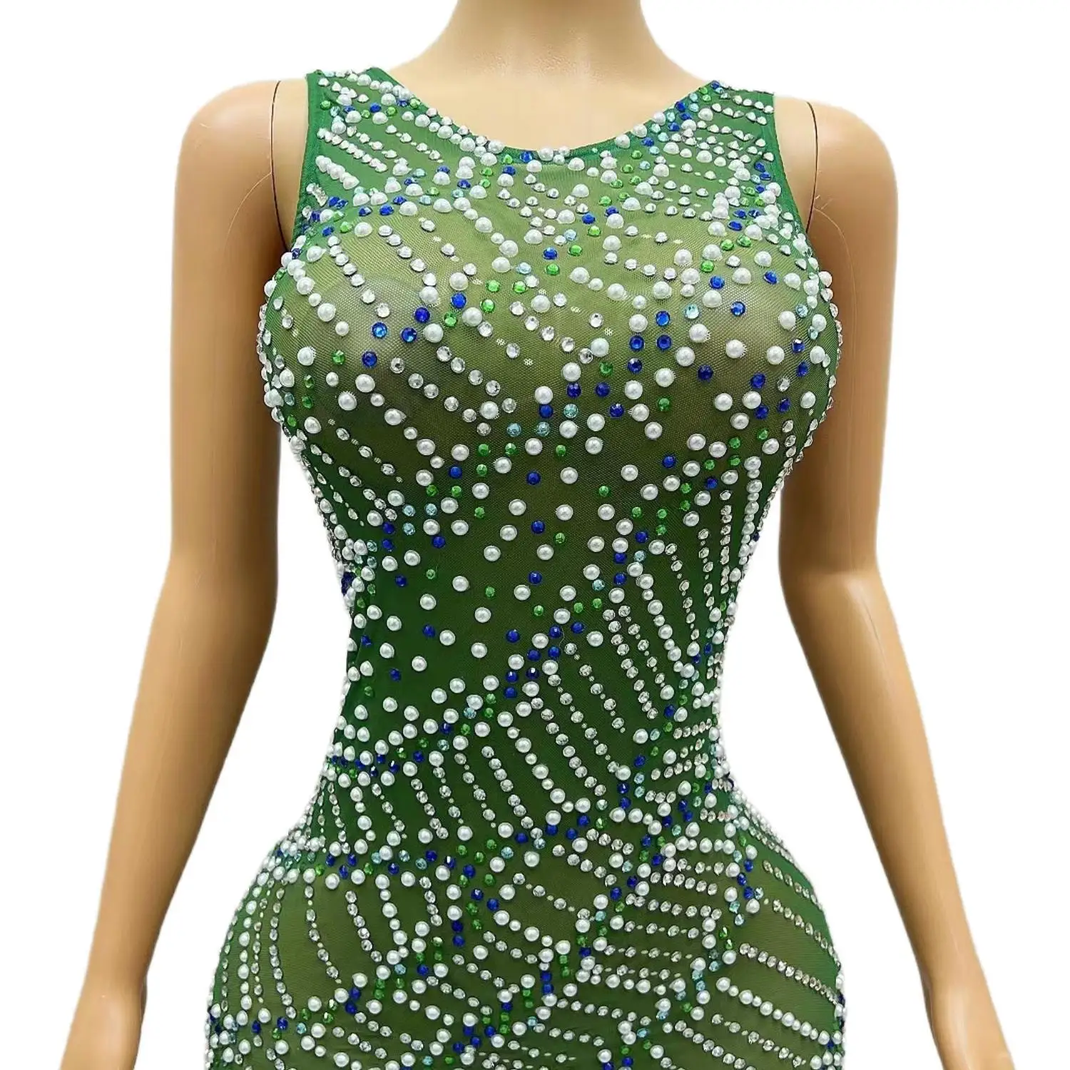 Robe de cocktail longue et transparente pour femmes, tenue de Rhsexy, pour occasions formelles, avec diamants verts et noirs, pour fête d'anniversaire, Huatian, 2024