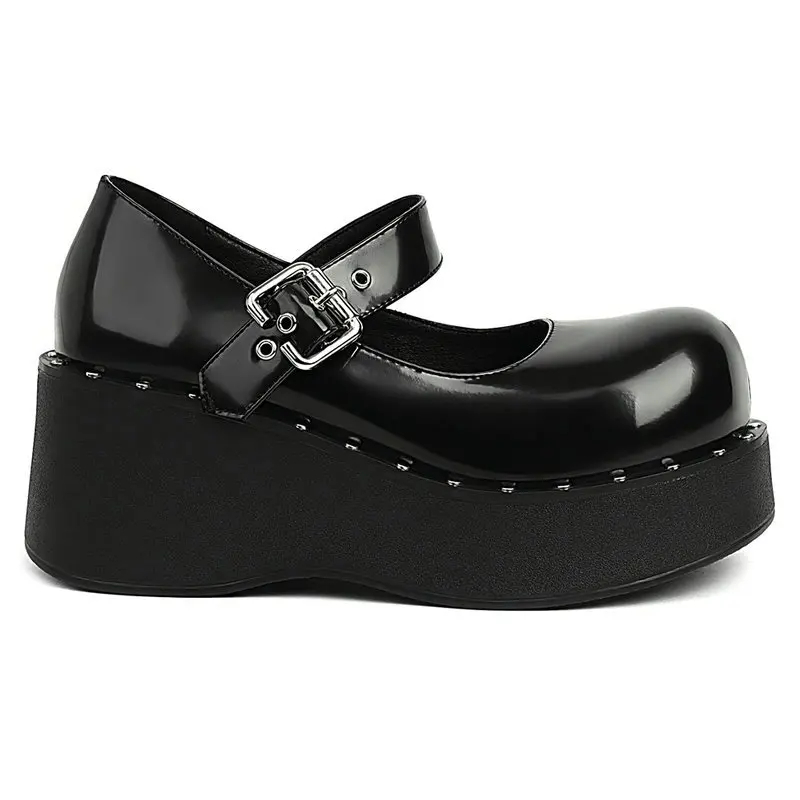 PU Patent Leather Closed Toe Plain Black Wide Width Buckle Strap Girls Platform Flats Kawaii Lolita Street Punk Mary Janes Shoes