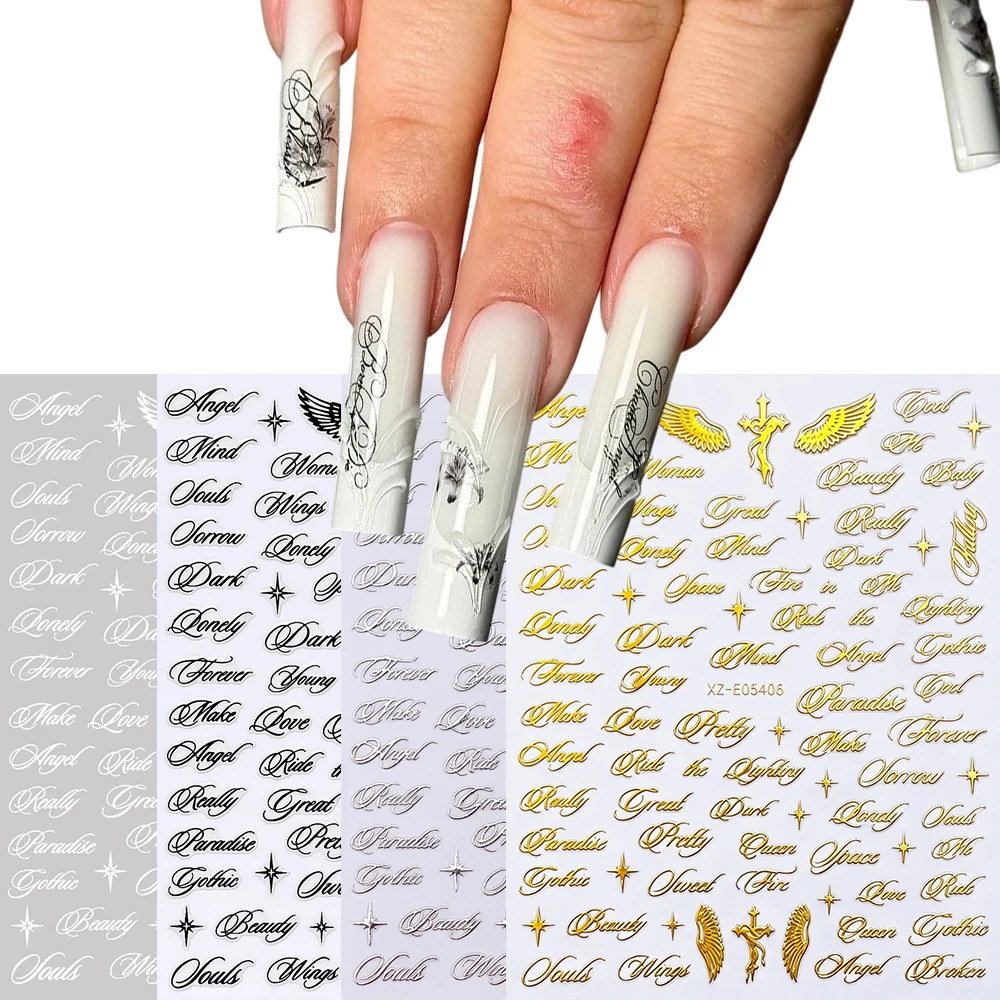 4pcs Gothic Oblique English Words Angel Wings Nail Stickers Y2K Black Cross Star English Letter Nail Decals Vintage Nail Decor