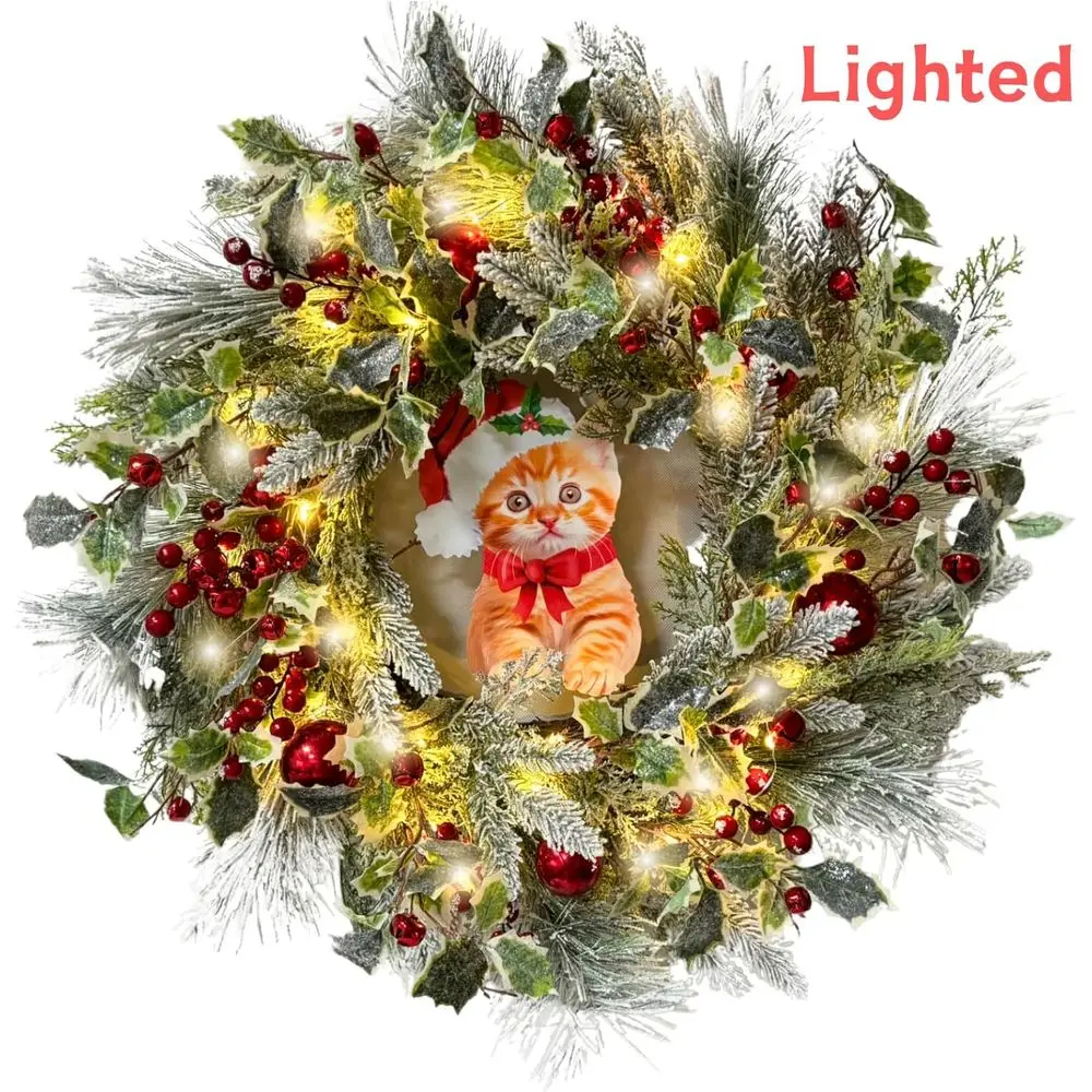 24 إكليل عيد الميلاد المضيء مع الأرز المتدفق والصنوبر والأحمر ولمسات ومؤقت للباب أو الحائط أو رف