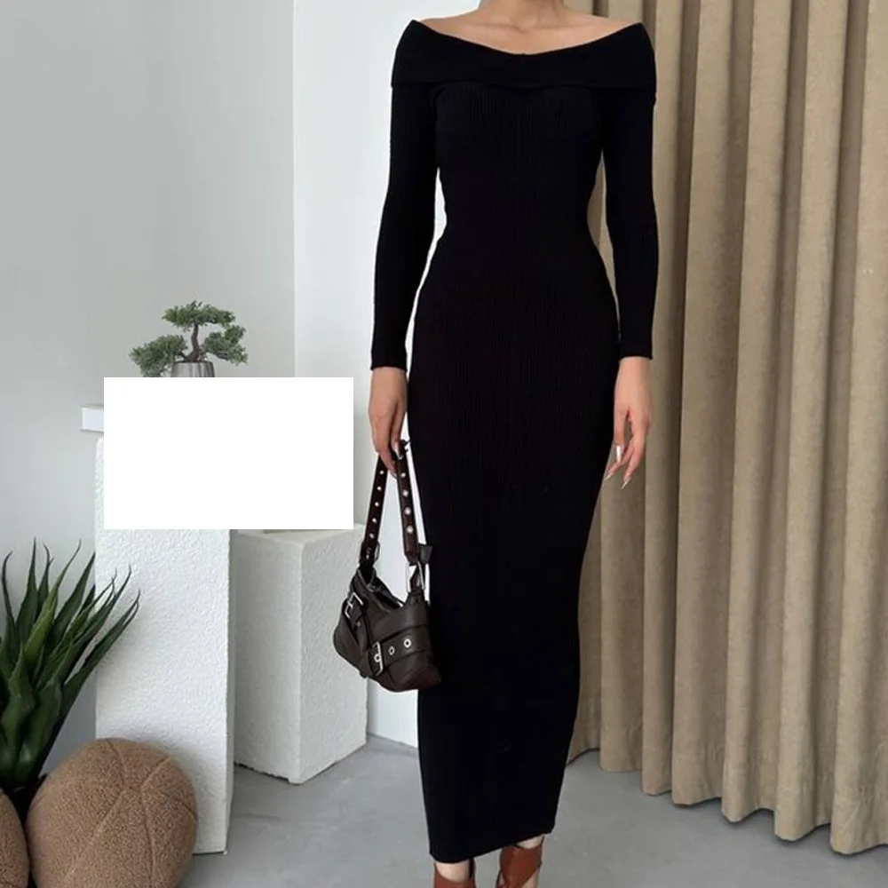 

Customized Temperament Jersey Straight Evening Dress V-Neck Long Sleeves Special Occasion Gowns High Quality Photo Color