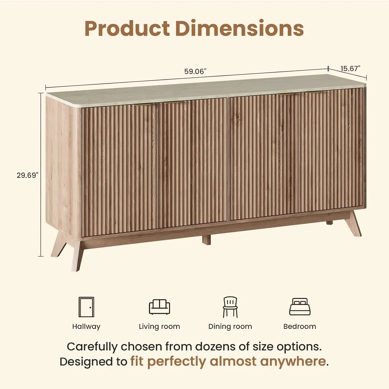 59'' Sideboard Buffet Storage Cabinet with Marble Top, Fluted Cabinet with Rounded Corners, Modern Buffet Table, Customized