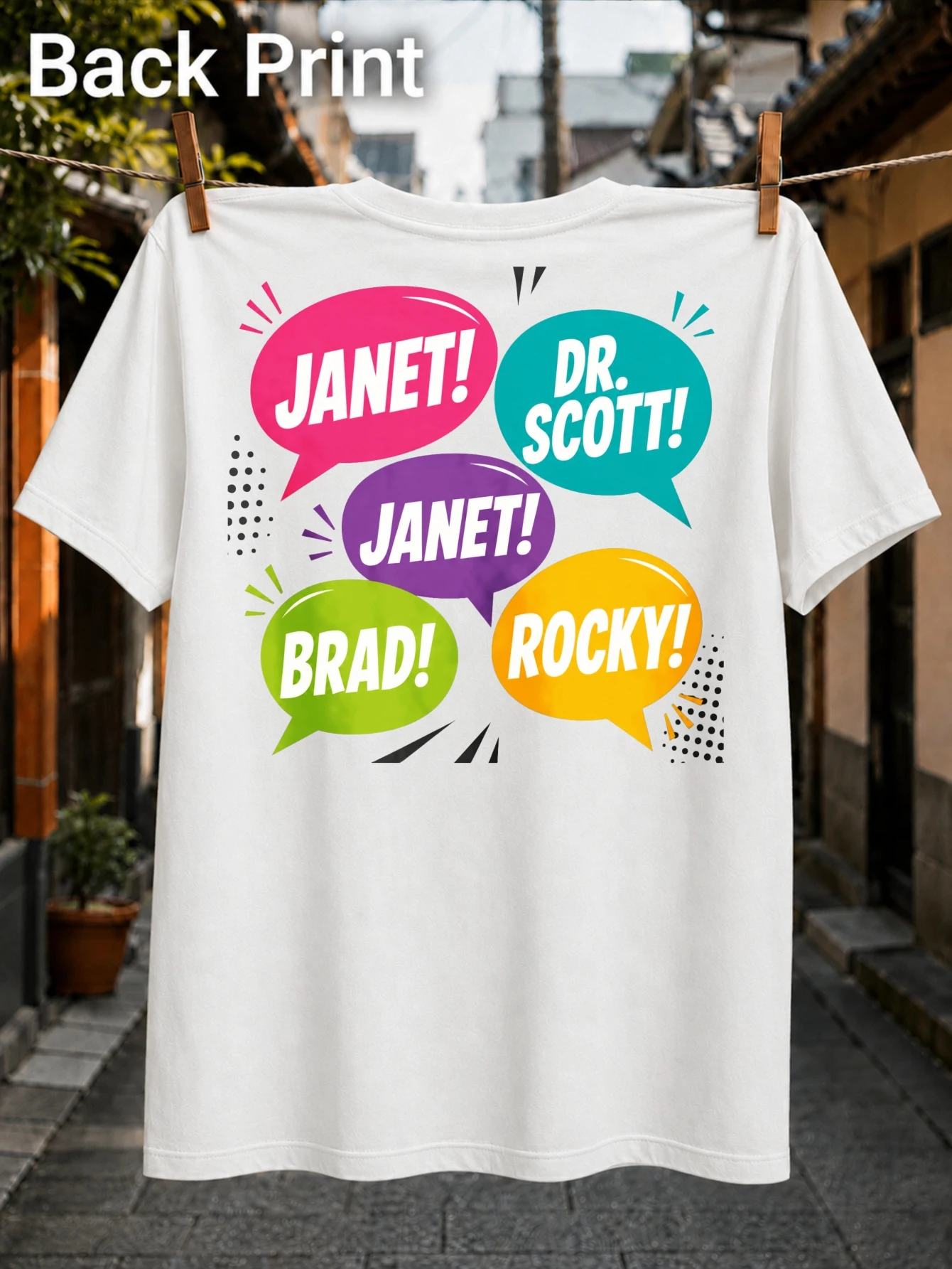 colorful Janet Dr Scott Brad Rocky speech bubbles with bold pop art lettering and musical callout  Unisex All T-Shirt