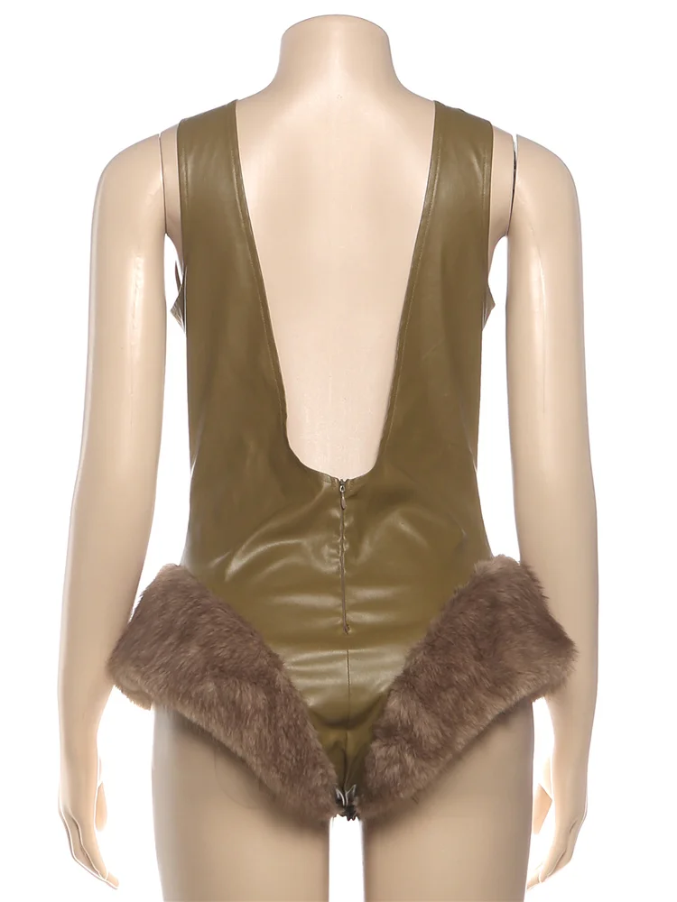 Bizarre chat Hipster dos nu PU body femmes fourrure Patchwork col en v profond sans manches Sexy Hottie maigre haute rue Clubwear