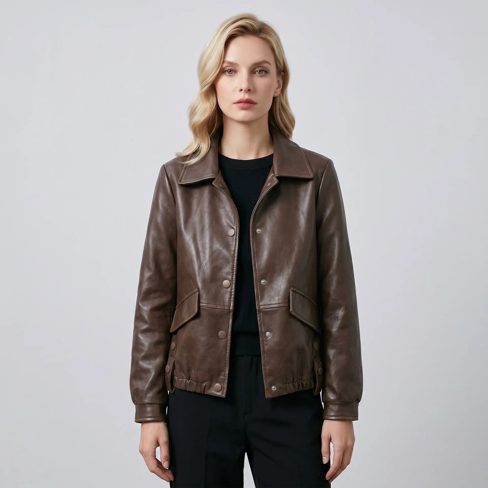 Autumn Short Brown Oversized Leather Jacket Long Sleeve Pockets 2026 Spring Light Soft Faux Leather Jackets for Women