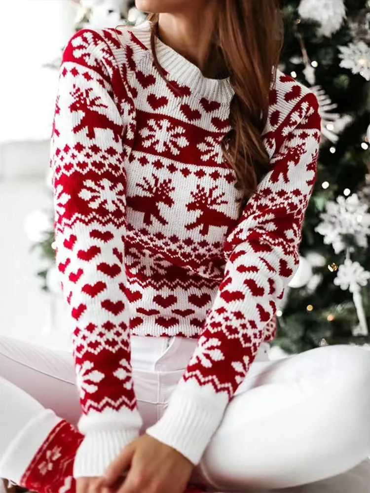 

Uoozee Women's Christmas Reindeer Print Knit Sweater Long Sleeves Contrast Color O-Neck Autumn Winter Pullovers Tops 2026 New