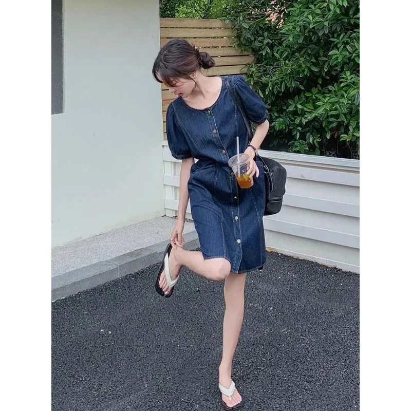 

Women's French Style Denim Dress Puff Sleeve Button Front A-Line Midi Dress Petite Friendly