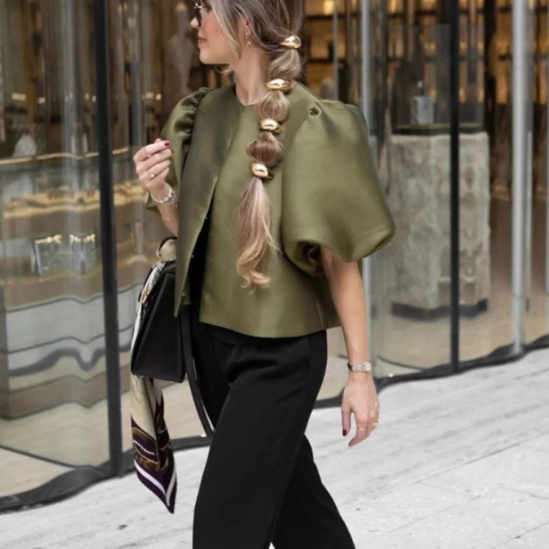 

Elegant Shirt Short Single-Breasted Round Neck Fluffy Sleeve T-Shirt Spring And Summer Commuter Women's Dress