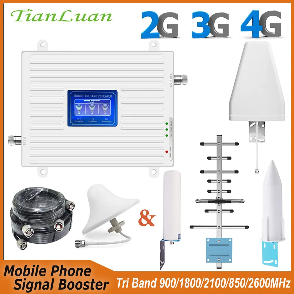 Mobile Phone Signal Booster Network 2G 3G 4G GSM 900 DCS 1800 LTE 2600 WCDMA 2100 850 MHz Cellular Tri Band 3/1/8/5/7 Repeater