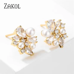 ZAKOL Korean Flower Shape Imitation Pearl Stud Earrings for Women Fashion Geometry White Zircon Earring Wedding Jewelry