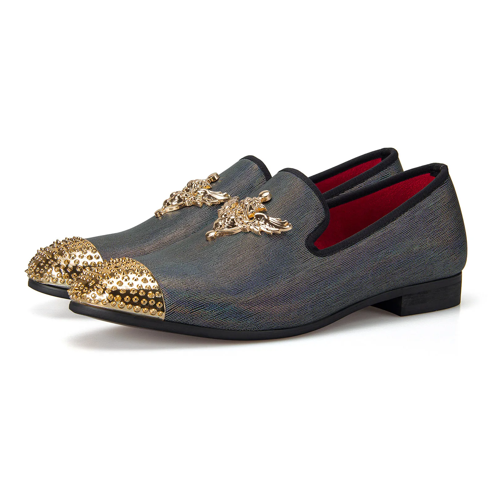 

Luxury Men's White Shiny Fabric Loafers Gold Metal Emblem Rhinestone Toe Cap Red Lining Slip-On Formal Smoking Shoes