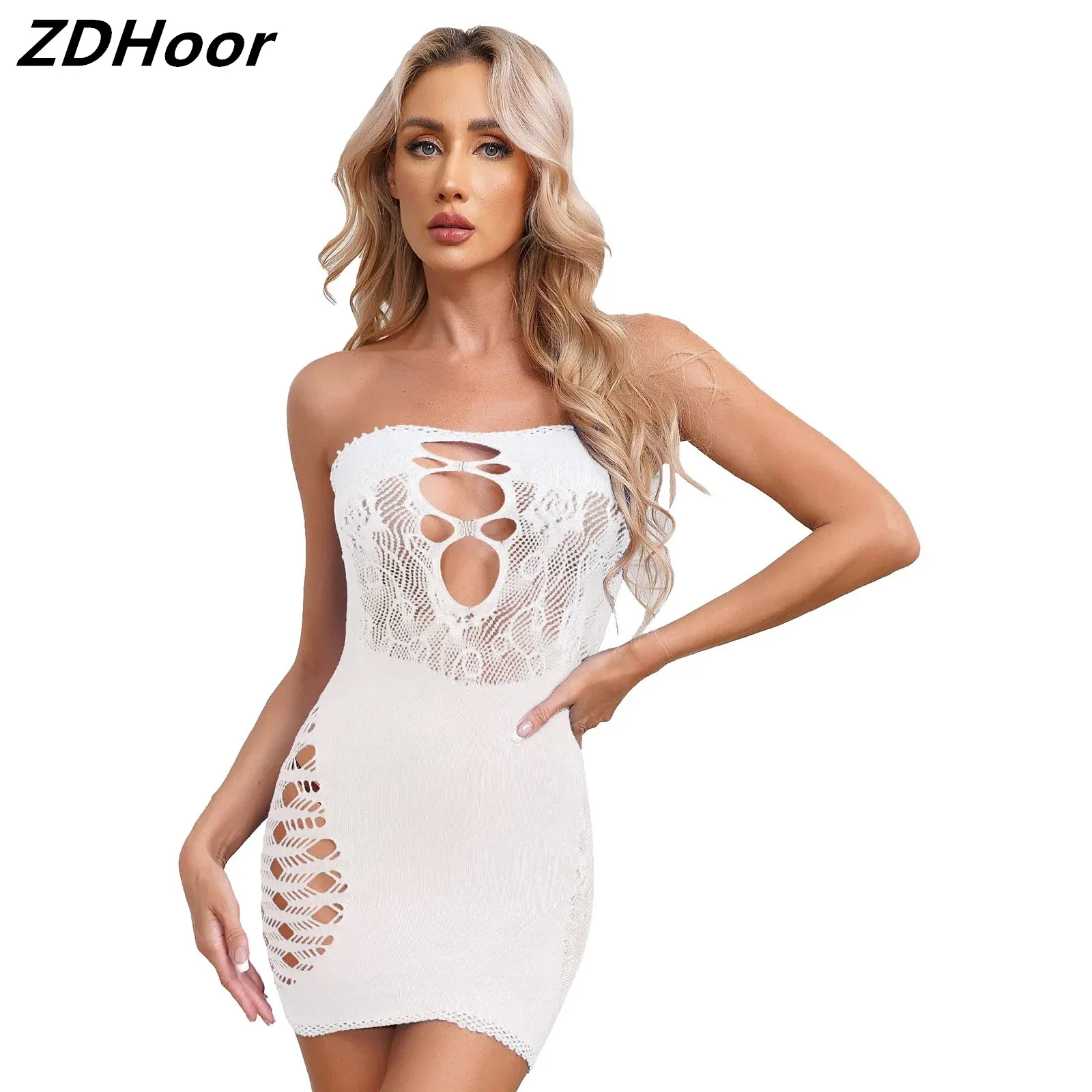 

Womens Hollow Out Fishnet Strapless Dress Solid Color Stretchy See-Through Close-Fitting Dresses Clubwear Beachwear