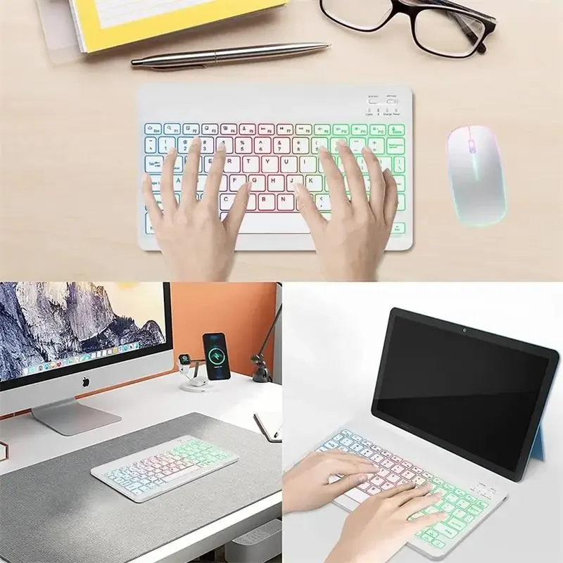 Keyboard untuk Tablet Android iOS Windows, Mouse nirkabel Bluetooth Backlit pelangi kompatibel untuk iPad ponsel