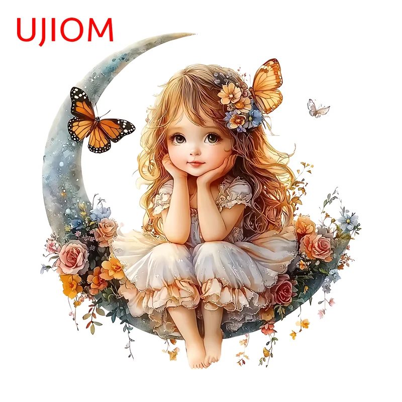 UJIOM The Little Girl Hanging On The Moon Wall Sticker Kawaii Figure Cupboard Clothes Dryer Decal Waterproof Wallpapers For Kids