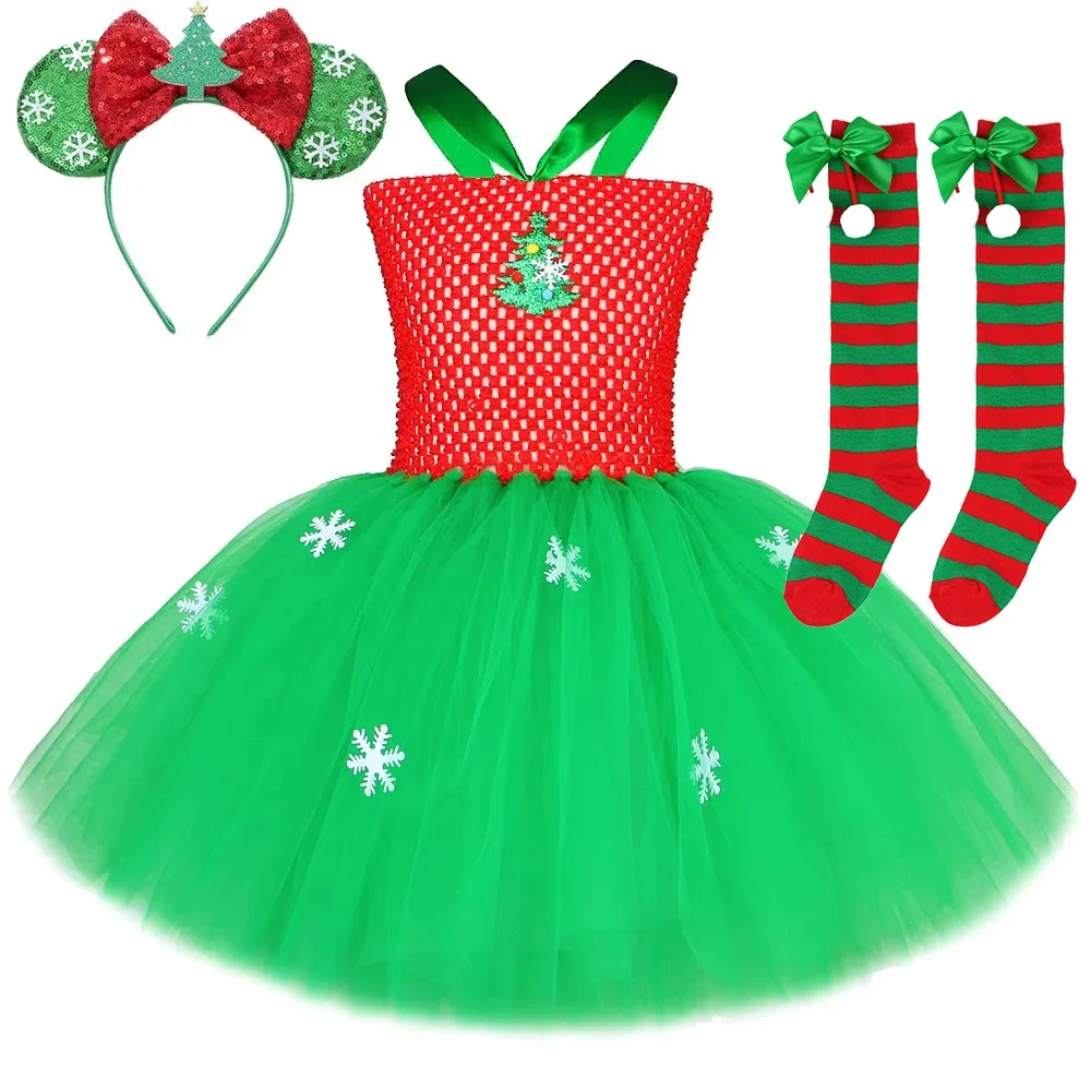 Vestido tutú de árbol de Navidad rojo y verde para niñas, disfraces de Carnaval de Navidad para niños, traje de vacaciones de Año Nuevo con medias con lazo para el pelo