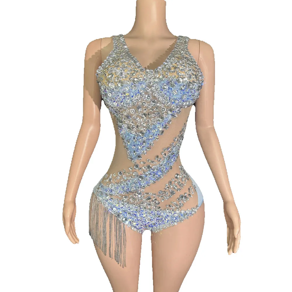 

Sexy Silver Rhinestone Dance Costumes Performance Sequined Tassels Exotic Dancewear Bodysuit Photoshoot Stage Wear