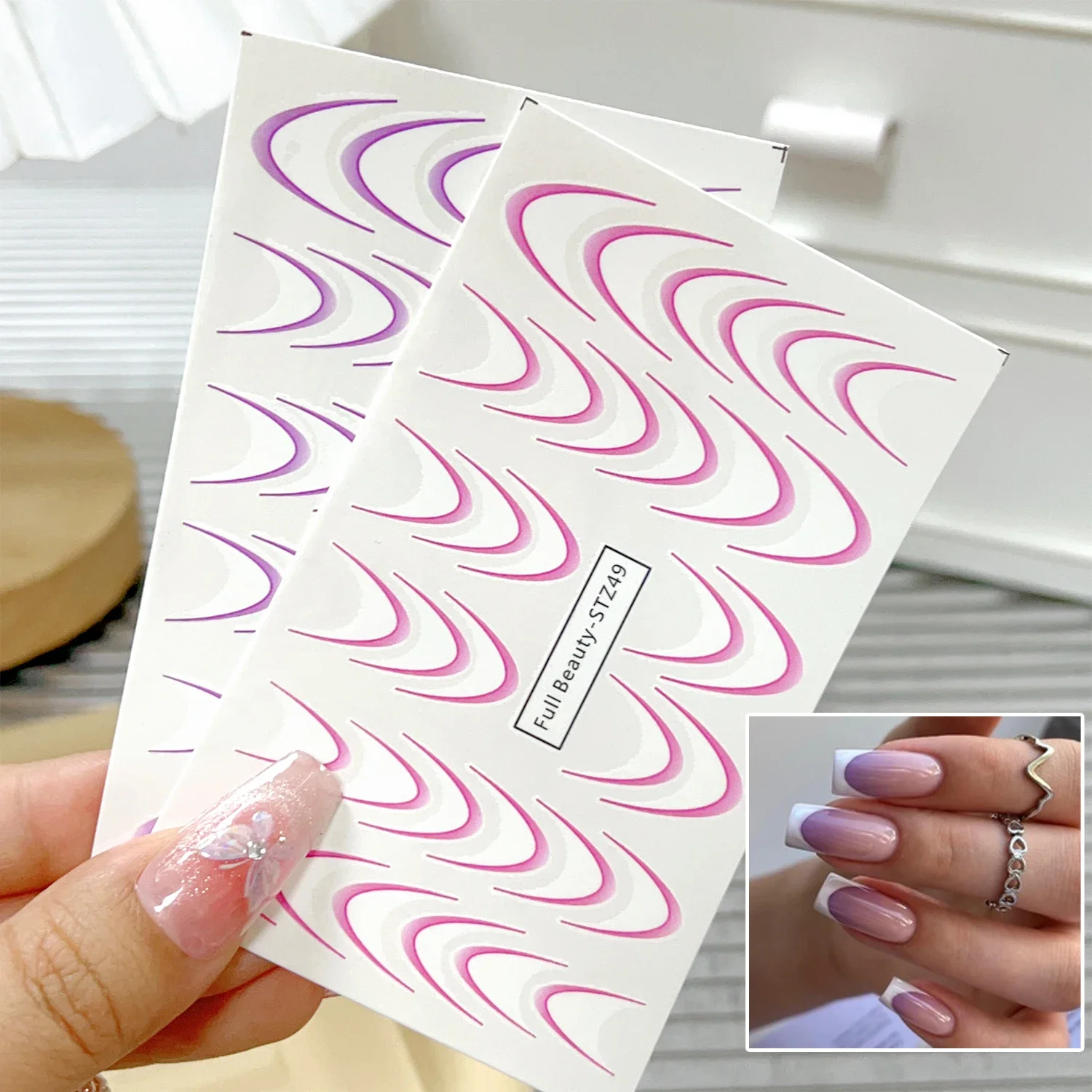 Rose Red Gradient French Nail Sticker Set Colorful Stripe Line Designs Nail Tips Decals DIY Nail Art Transfer Sliders Decoration