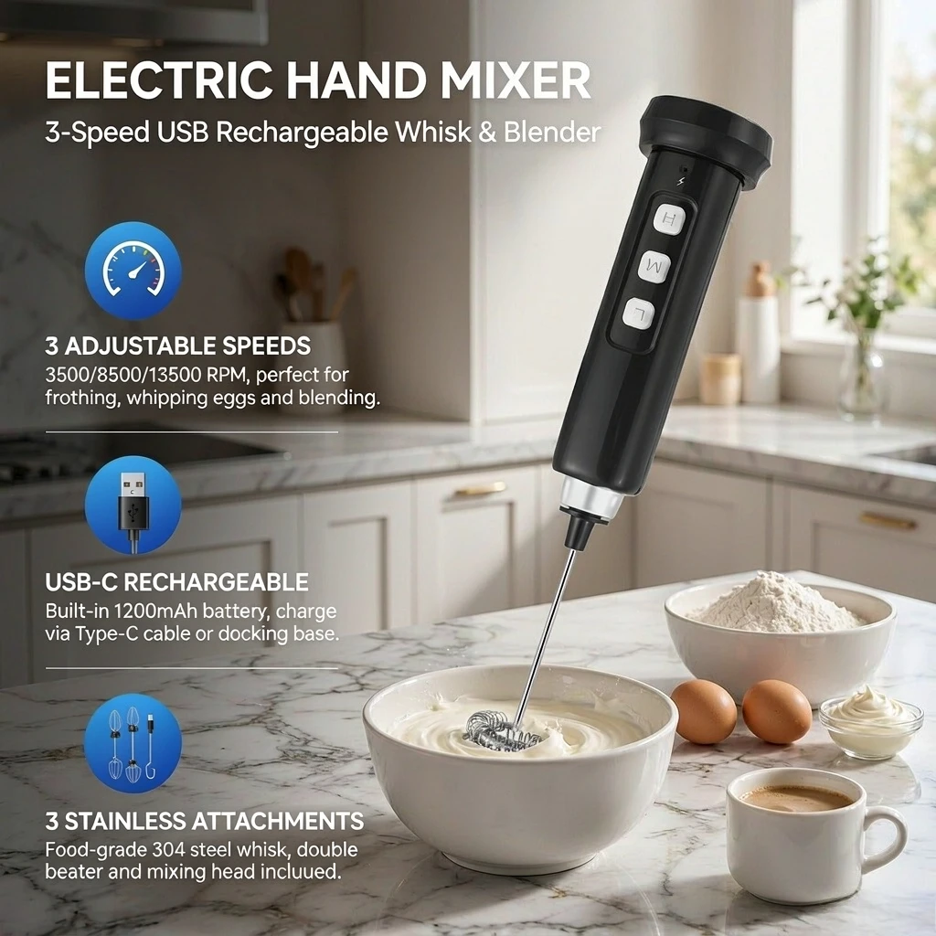 Rechargeable Handheld Milk Frother USB Electric Mixer, Mini Portable Whisk with 3 Speed Settings and Multi Functional Attachments for Coffee Cappuccino Latte Matcha Egg White Smoothie Whipping Cream Baking Kitchen Home Use