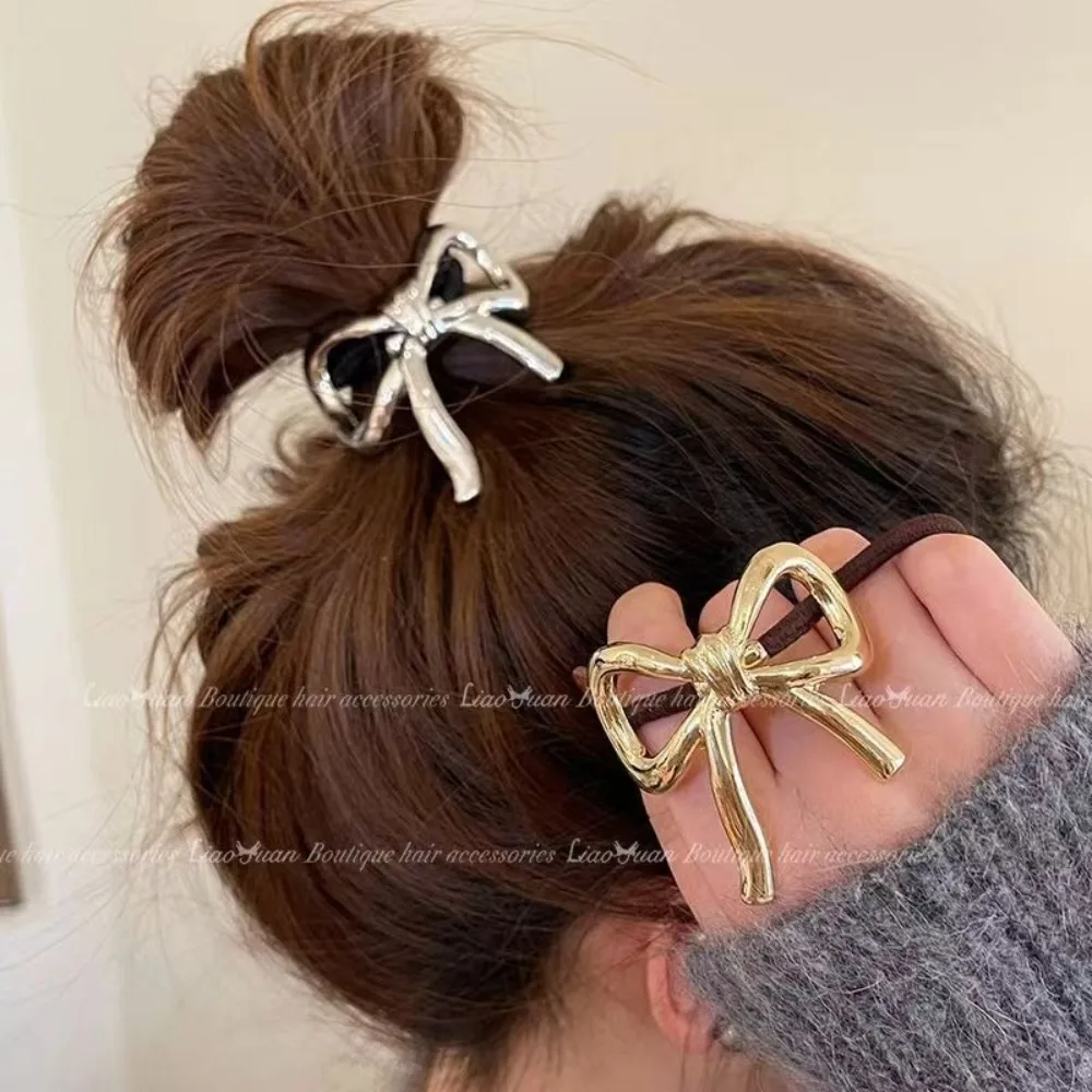 1/5Pcs Bowknot Hair Ties Metal Gold Silver Hair Bands Ropes Ponytail Holder Elegant Elastic Rubber Hair Scrunchies