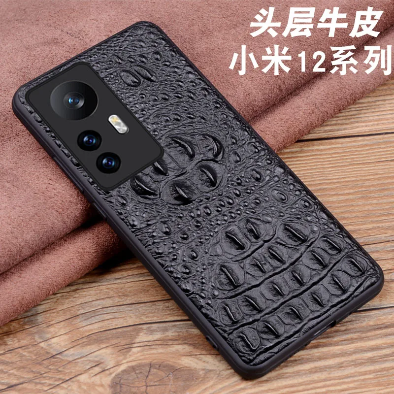 Original Genuine Cowhide Leather Case For Xiaomi Mi 12 12S Pro X Retro 3D Crocodile Head Alligator Skull Armor Phone Cover