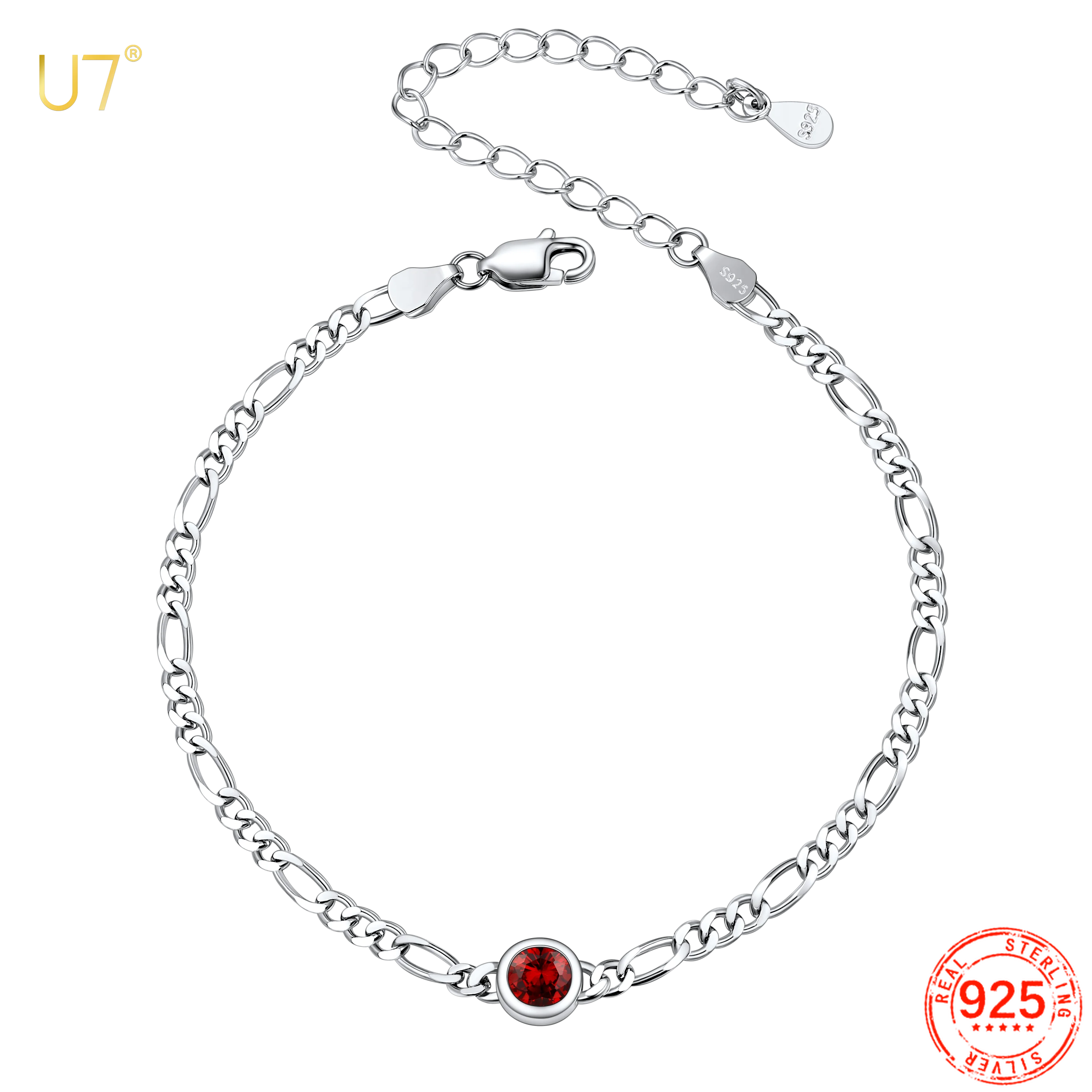 U7 Sterling Silver Figaro Chain Bracelet with Round Heart Birthstones 3mm Width 8.5 Inches Custom Birthday BFF Jewelry Gift