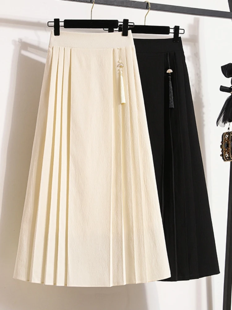 

New Chinese Style High Waist A-Line Long Skirt Women's Spring Autumn plus Size Design Sense Pleated Skirt Commute Vintage