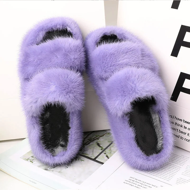 Women\'s Fur Slippers Female Designer Shoes For Women 2024 Woman Outside Flat Fashion Ladies Mink slippers Girls Mink Fur Slipper