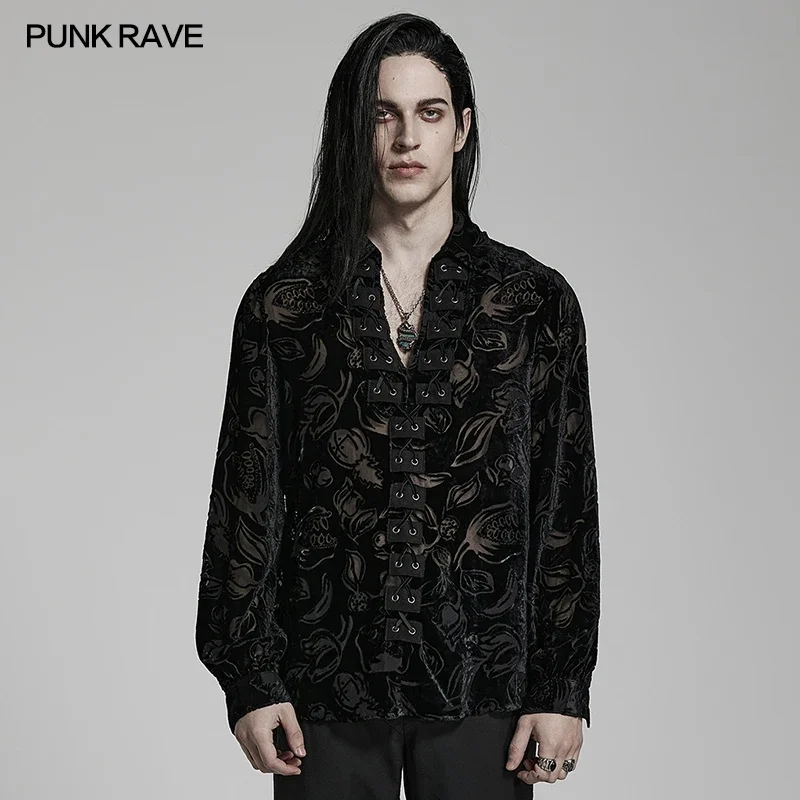 PUNK RAVE Men's Gothic Piranha Pattern Lantern Sleeve Velvet Shirt Gorgeous Party Loose Tops Spring/Autumn Shirts for Men