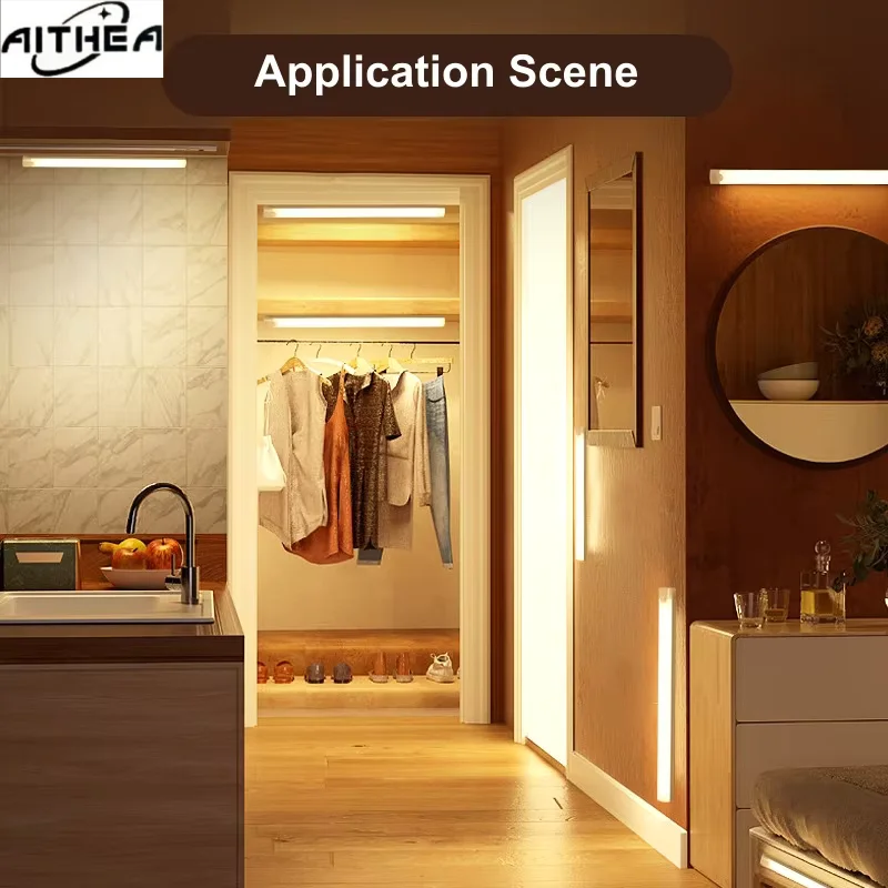 AITHEA Rechargeable LED Motion Sensor Night Light Under Cabinet Cordless Lamp for Kitchen Wardrobe Bedside Strip Bar Light