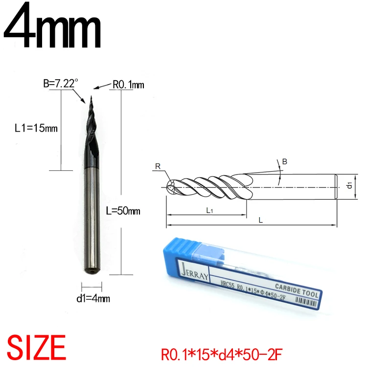 Fresadora CNC de carburo sólido, 1 piezas, R0.25/R0.5/R0.75/R1/R1.5/R2 D3.175-D8mmShank38-100mmhrc55.