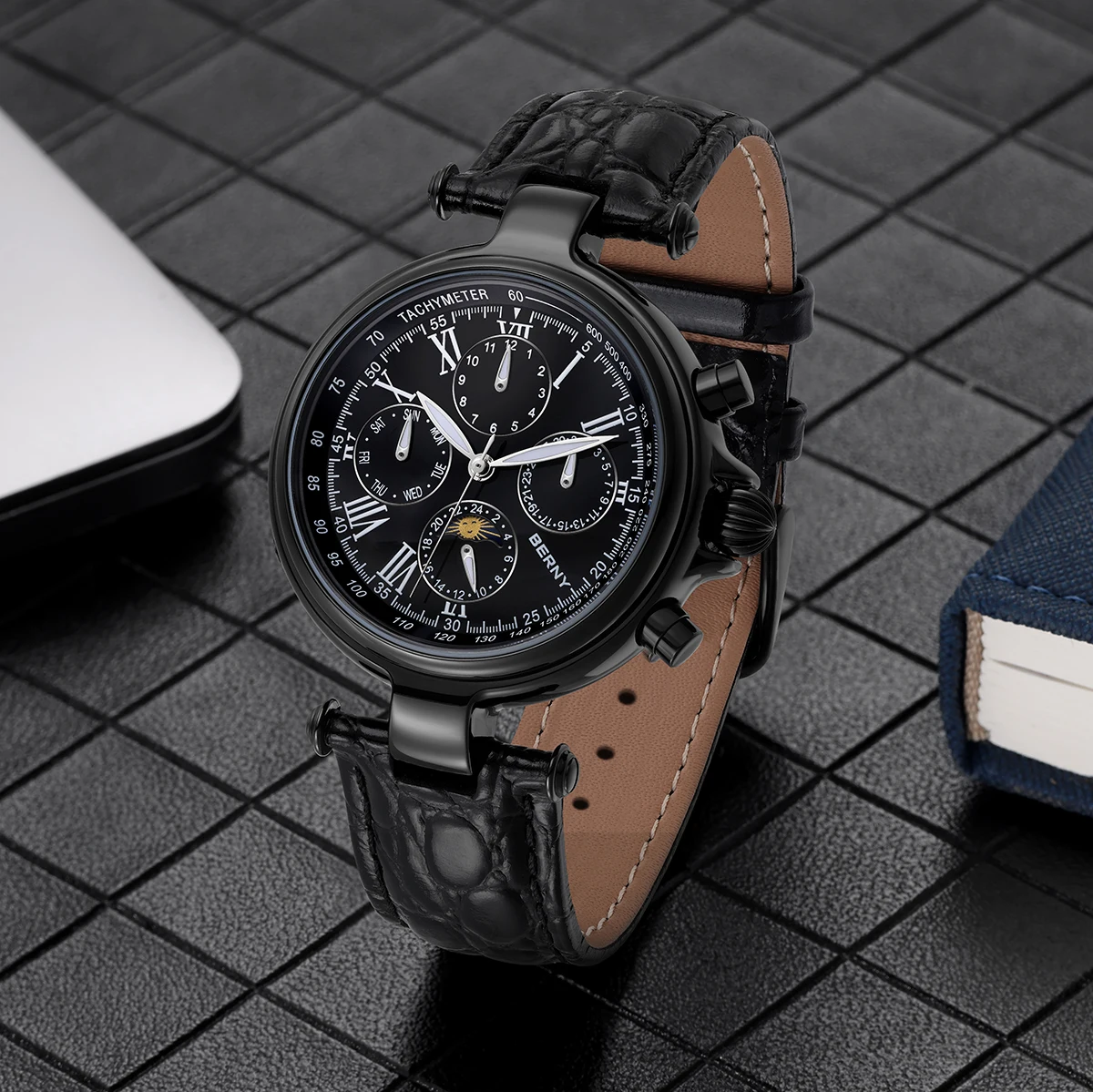 BERNY Retro Automatic Men's Watch Sun&Moon Phase Luminous ST1652 Classic Genuine Leather Luxury Mechanical Men's Dress Watches