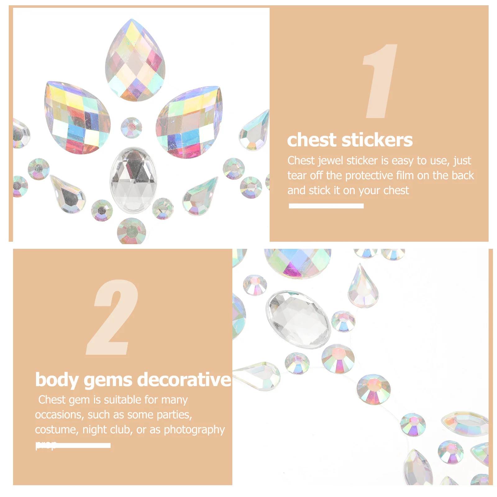 ملصق مزخرف على شكل جوهرة الصدر، أحجار كريمة متألقة للجسم لمهرجانات المكياج، ملصقات صدر للنساء من الأكريليك المبهر #3