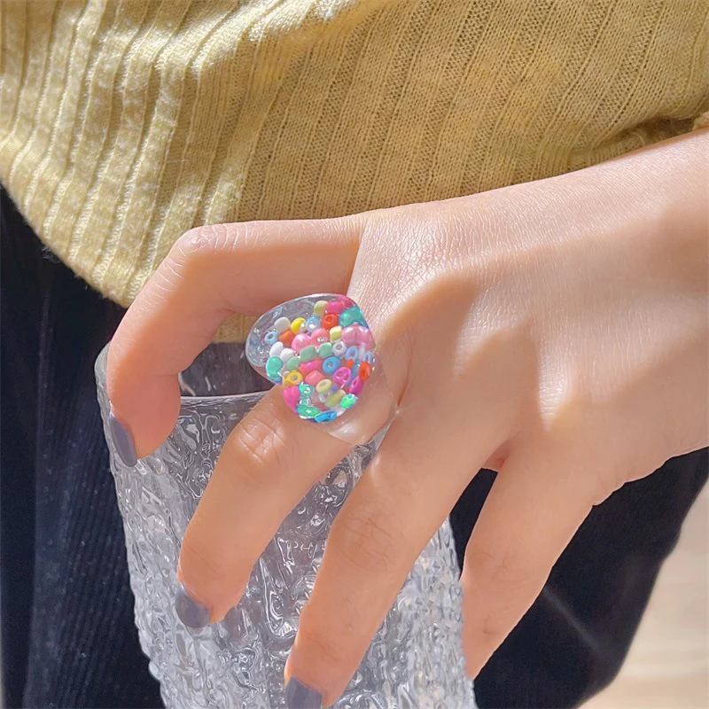 

Transparent Resin Heart aped Beads Rings Sli Ins HyunA Colored Spring Summer Staable Harajuku Cherry Blossom Finger Ring