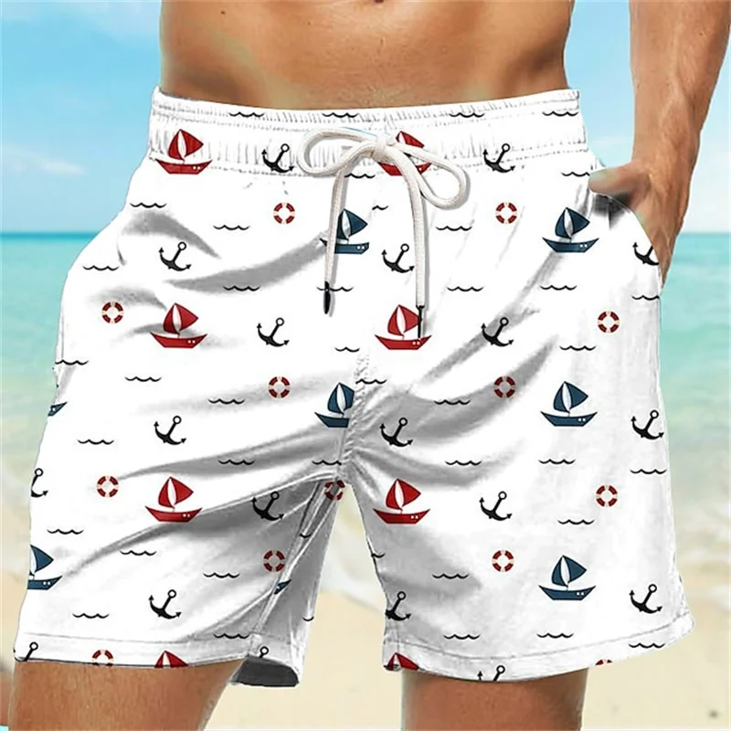 Calção de natação masculina com padrão âncora 3D, material de secagem rápida, casual, feriado, estilo havaiano, verão