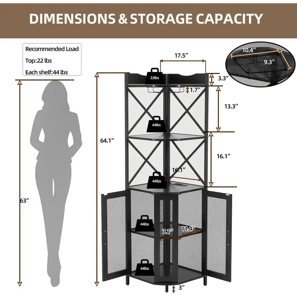 5-Tier Wine Bar Cabinet with LED Lighting and AC Charging, Modern Industrial Style for Home view 2