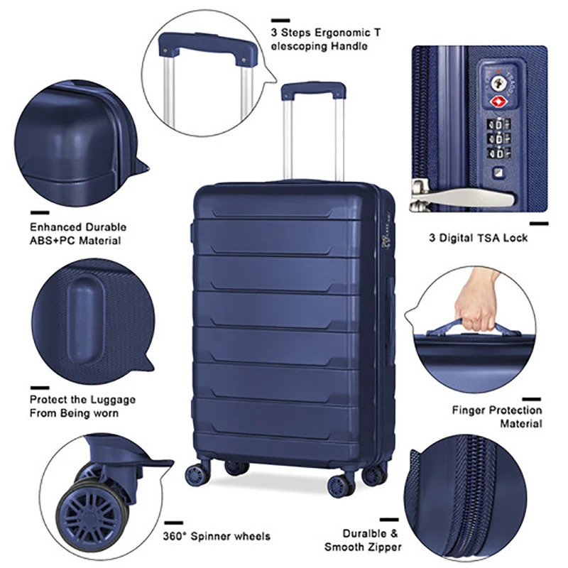 Koper ABS Kapasitas Besar Roda Universal Casing Bagasi Ritsleting Biru Uniseks Valise De Voyage 20 Inci/28 Inci