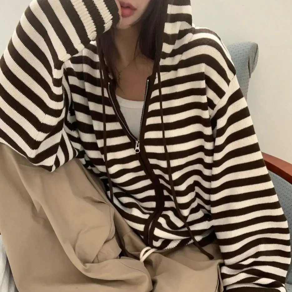 

Женский свободный кардиган Ele в полоску, модный топ Dongda Gate, вязаный худи из полиэстера с длинными рукавами, повседневный стиль