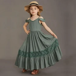 New Summer Strap Ruffle Girls Solid Color Slip Floor Long Dress Baby Kids Evening Party Dress Cloting for 4 6 7 8 10 12 Year