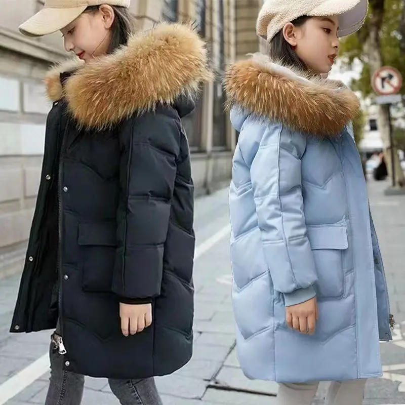 6 8 10 12 13 14 Years Winter Girls Jacket Thicken Keep Warm Fashion Fur Collar Kids Jacket Hooded Zipper Outerwear Kids Clothes