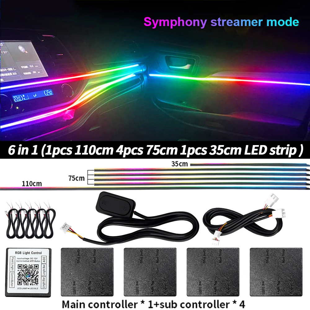Symphony Auto-Ambientebeleuchtung RGBIC Innenraum-LED-Streifen Acryl 213 Farben Neon-Streamer Atmosphärenlampe 6/10/14/18/22 in 1 12V per App
