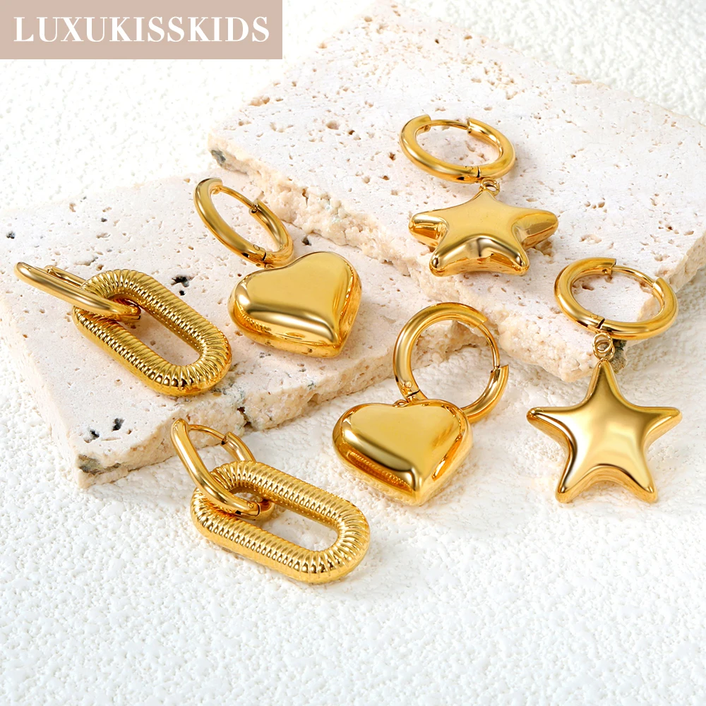 LUXUKISSKIDS High Polish Glossy Star Pentagram Earrings Drop Chunky Golden Cubic Heart Charm Pendients Gothic Dangle Ear Jewelry