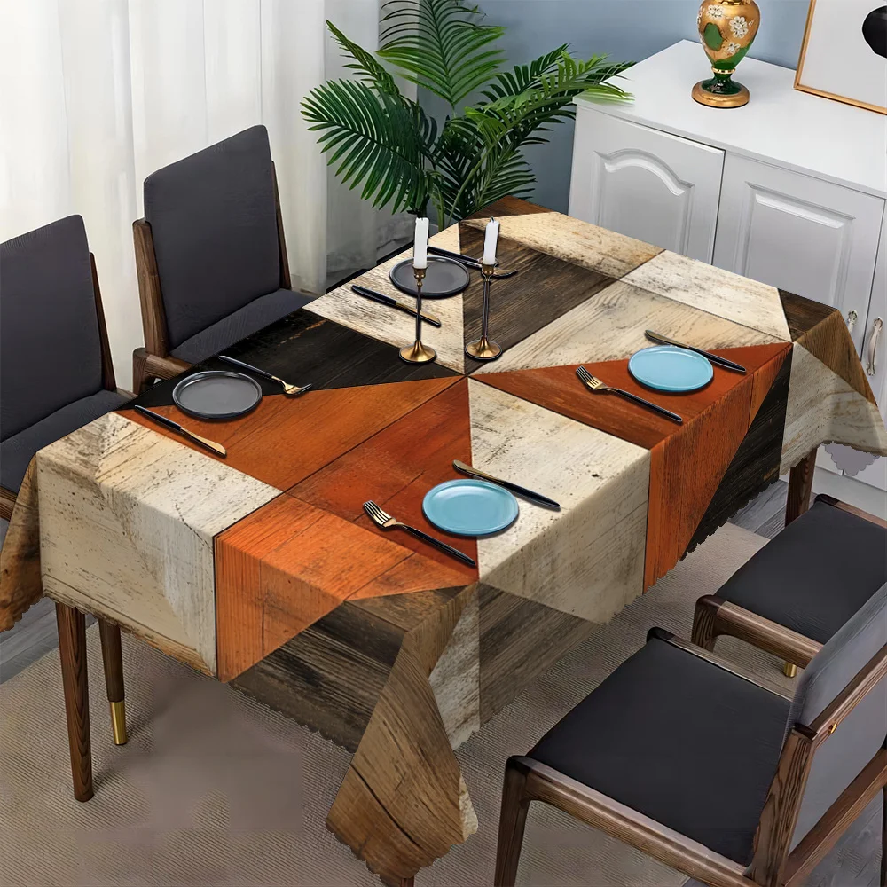 Retro-styled rectangular tablecloth with wood-grain pattern, featuring pleated edges made of polyester fiber.