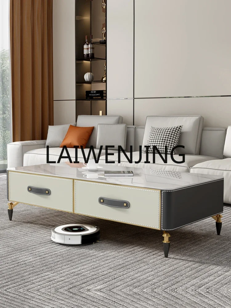 Light Luxury Saddle Leather Long End Table Modern Living Room Home Stone Plate TV Cabinet Solid Wood High Tea Table