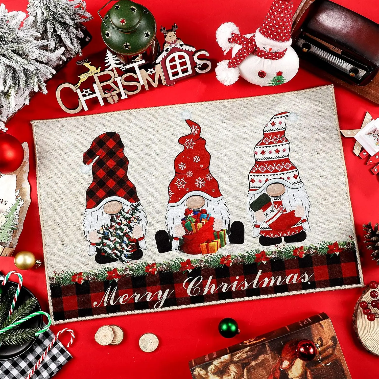 VIKAMA عيد ميلاد سعيد جنوم ترحيب ممسحة الأحمر الجاموس منقوشة الكلمة حصيرة عدم الانزلاق قابل للغسل منطقة البساط لمدخل المنزل الديكور #1