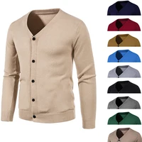 Cárdigan de punto para hombre, M-5XL de otoño, suéter fino básico elástico ajustado con cuello en V, abrigo informal versátil de Color sólido, 2024