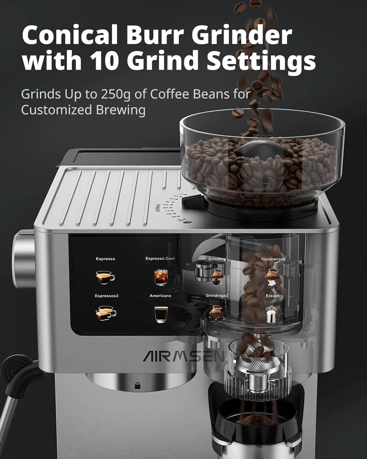 Espresso Machines with Burr Grinder, 20 Bar, Milk Frother Steam Wand, Stainless Steel Coffee Maker for Home - Cappuccino