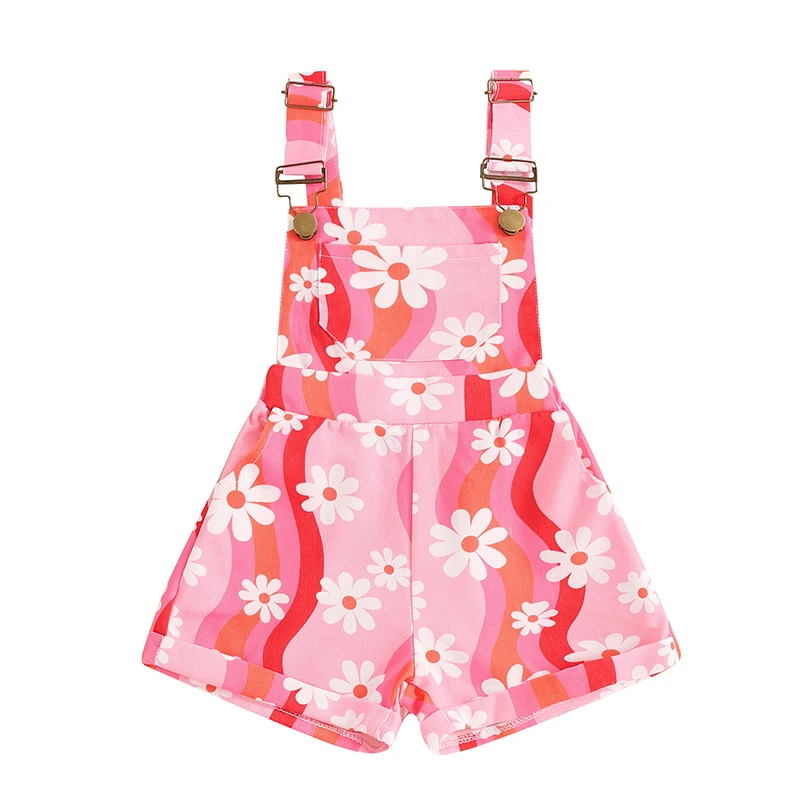 

Toddler Girls Overalls Farm Daisy Print Sleeveless Straps Buttons Pockets Shortall Summer Romper Jumpsuit