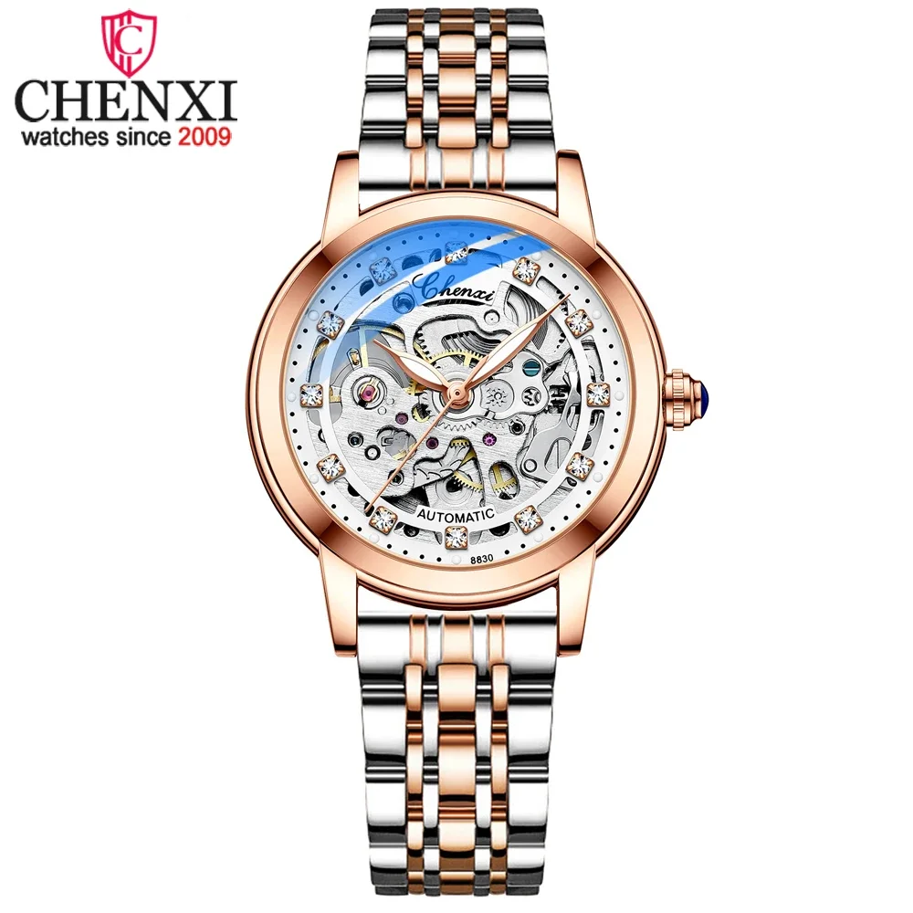 NEW CHENXI Women Automatic Mechanical Watch Brand Luxury Stainless Steel Waterproof Wrist Watch Ladies Skeleton Tourbillon Clock